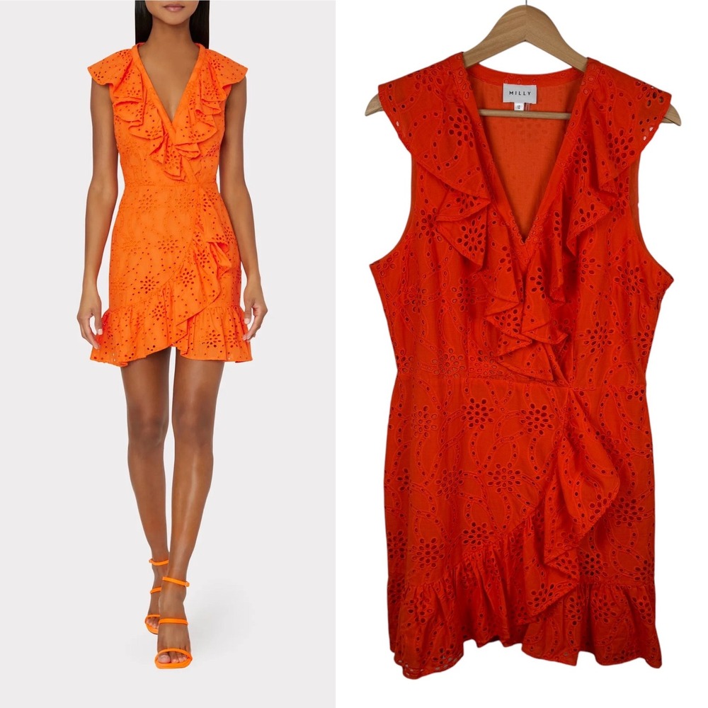 Milly Novi Eyelet Wrap Dress Sz 12 Orange Wrap Sleeveless Party‎ Summer Wedding